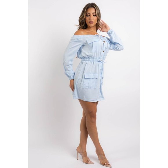 Women's Off Shoulder Cargo Mini Dress Tie Waist Buttons Long Sleeve Blue XS - 3X - Picture 8 of 11